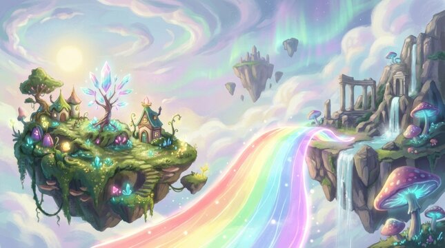 Whimsical fantasy landscape with floating islands and rainbow river