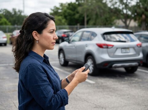 Hispanic woman using car remote key fob in parking lot with vehicles and trees in background
