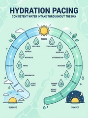 Fototapeta premium Hydration pacing infographic illustrating consistent water intake throughout the day with visual cues