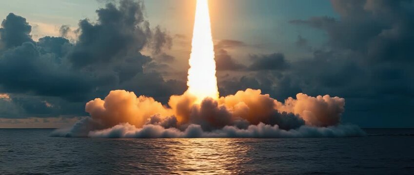 Ballistic missile launching from the open ocean , creating a huge fiery explosion and smoke plume, reflecting concepts of national security, military might, and advanced weaponry.