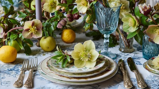 Spring table settings feature blooming hellebore flowers.