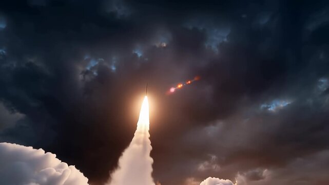 Ballistic missile launching from the open ocean , creating a huge fiery explosion and smoke plume, reflecting concepts of national security, military might, and advanced weaponry.