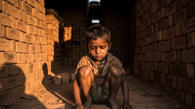 A young boy sitting in despair at a brick kiln, representing child labor and human trafficking. This powerful image highlights social injustice, poverty, and human rights violations globally