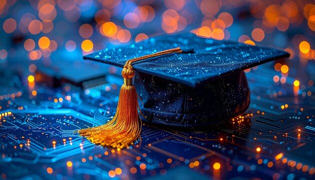 Graduation cap with gold tassel on illuminated computer circuit board, blue and orange lights, education meets technology symbolism.