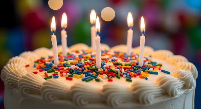 A festive white birthday cake adorned with glowing candles and rainbow sprinkles. The soft bokeh background with party decorations adds a sense of celebration and happiness to any project