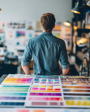 Designer Reviewing Color Swatches on Studio Table for Print Production