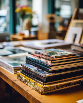 Stack of Design Books and Magazines on Creative Studio Table