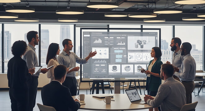 Team of professionals analyzing data on digital dashboard in modern office