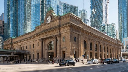 Naklejka premium Toronto's Union Station features a clock and tall buildings nearby.