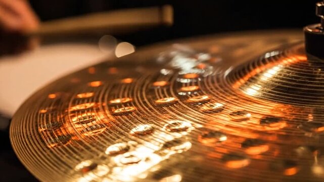 Close-up of a shiny cymbal with a drummer's hand in the background.