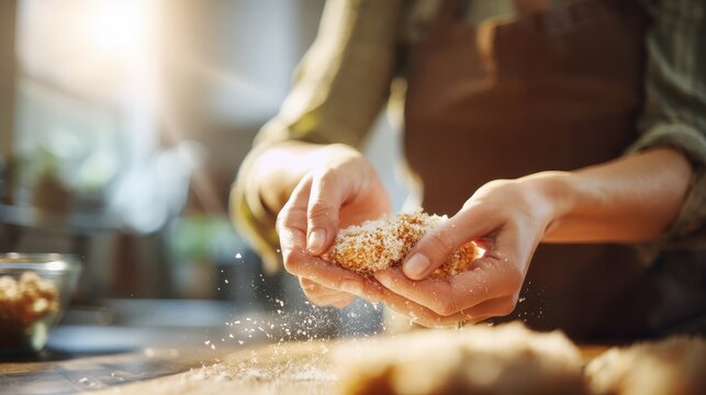 culinary techniques, a persons hands coat a chicken cutlet with panko in a warm kitchen