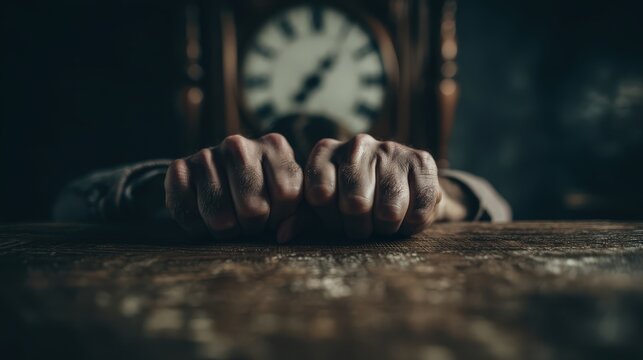 stress and time management, a persons anxious hands press against a vintage wooden desk, clock blurred