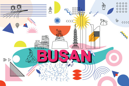 Typography word Busan branding technology concept. Collection of flat vector web icons. Memphis style culture travel set, famous architectures, specialties detailed silhouette. Korean famous landmark