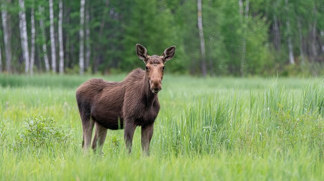 Young brown moose stands in green field.