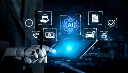 Fototapeta premium Artificial intelligence automates customer services across finance, insurance and mobility with faster processing and decision support. Corpus