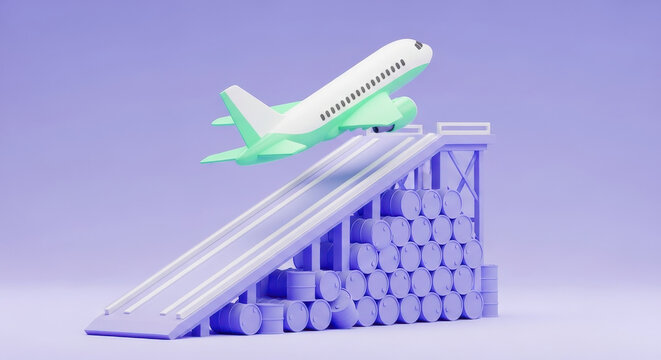 Passenger airplane with oil barrels illustrating jet fuel shortage, rising aviation costs and global energy supply crisis affecting air travel