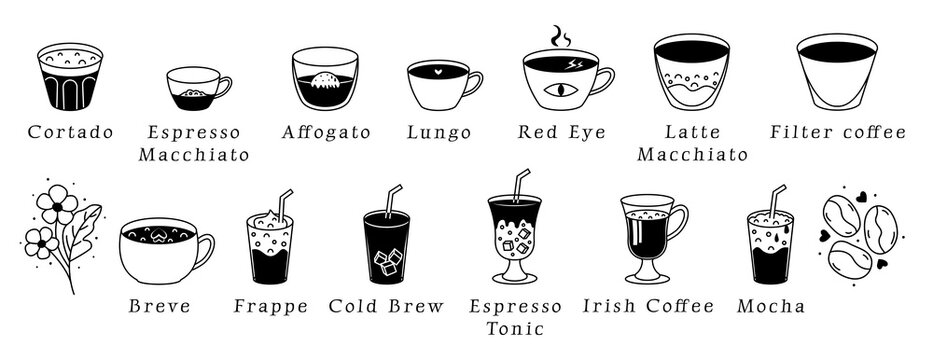 Various coffee types, black line icon set. Vector monochrome signs. Cortado, Cold Brew, Filter Coffee, Affogato, Red Eye, Irish Coffee, Mocha, Espresso Macchiato, Breve, Espresso Tonic, Frappe, etc.