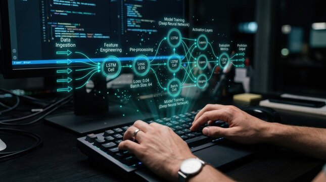 Hands Engaging With Holographic AI Interface While Typing on Keyboard in an Office Environment at Night