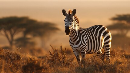 Obraz premium Male zebra, alert, stands in African savanna.