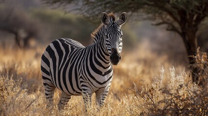 Fototapeta premium Male zebra, alert, stands in African savanna.