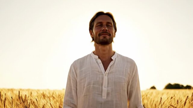 Smiling ukrainian slavic man in white linen shirt standing among golden wheat field under sunset lens flare. Concept of harvest and rural freedom