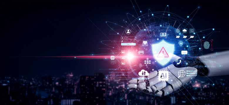 Cybersecurity concept featuring an AI detector scanning digital content for deepfakes and authenticity. Represents copyright protection, fake news prevention, and C2PA content credentials. Corpus