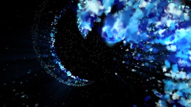An abstract cosmic composition featuring vibrant swirling particles creating dynamic circular motion in deep space, reminiscent of galaxy formation, an energetic explosion, and a glowing nebula with d