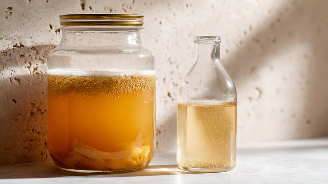 Homemade Fermented Beverage in Large Jar and Bottled Clear Liquid Against a Textured Wall with Gentle Sunlight