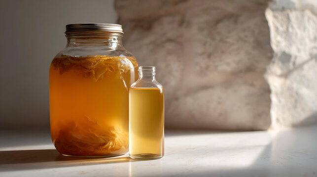 Large jar with fermenting liquid and smaller bottle of product, amber hue, natural light highlights, rustic background, health beverage concept