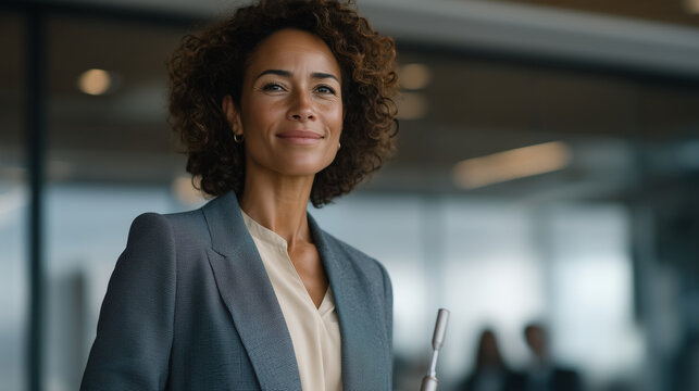 Heavy-set female executive confidently leading boardroom presentation, laser pointer in hand, colleagues engaged, glass and steel office interior, professional competence, weight neutral leadership,