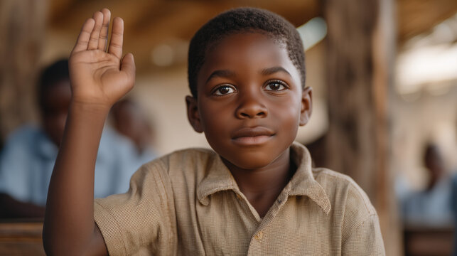 Haitian refugee boy in secondhand school uniform nervously raising hand in integrated classroom, teacher encouraging eye contact, English language learner, resettlement education access, cultural in