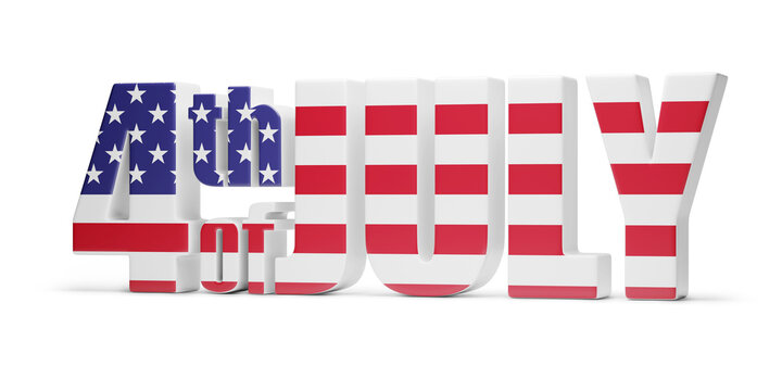4th of July text in three dimensions with the colors of the United States flag isolated on white background. Independence day concept. 3d illustration.