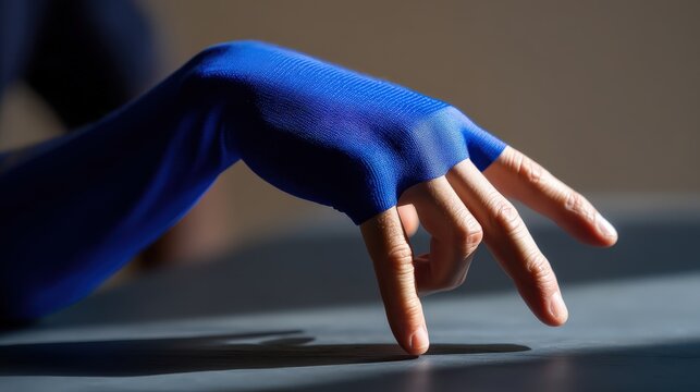 hand dexterity tools, a single hand with a vibrant blue finger sleeve delicately gestures on dark surface