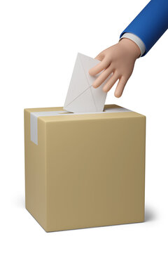 Cartoon hand placing an envelope in a ballot box. Election concept. 3D illustration.