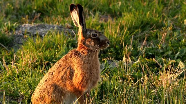 hare sitting in the meadow, looking sleepy, close 302
