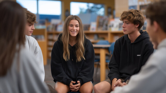 Anti-bullying peer mediation training session in circle of chairs, school psychologist facilitating role-play scenario with diverse middle schoolers, conflict de-escalation skill building, student m