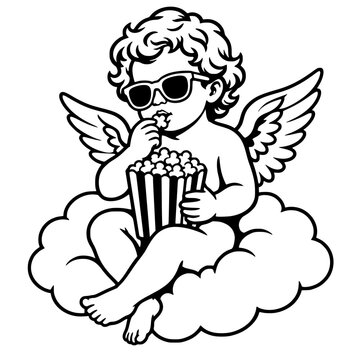 guardian angel angel wearing sunglasses and eating popcorn on a cloud in a playful cartoon outline illustration