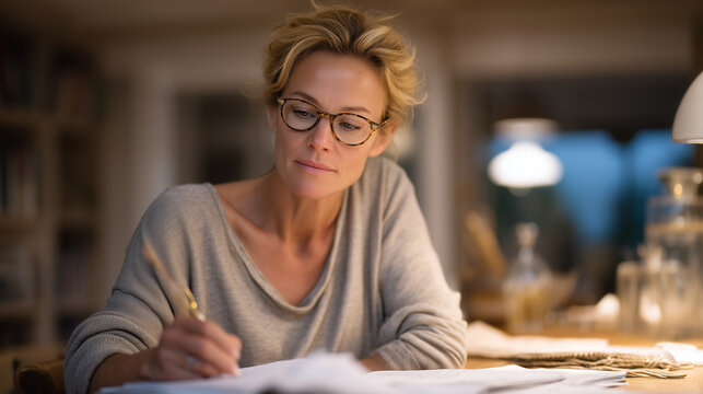 Single middle-aged woman in bifocals seated at modest kitchen table annotating quantum programming language syntax on printed code sheets, lamp light, evening study session, adult learner, software 
