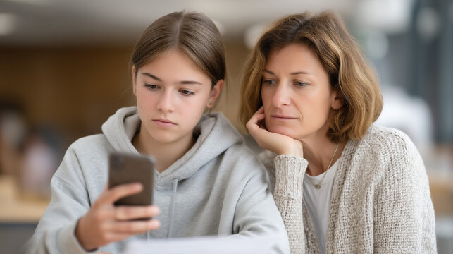 Teenage girl confronting cyberbullying screenshot on phone, school counselor beside her at desk with incident report form, anti-bullying protocol, digital harassment response, middle school interven