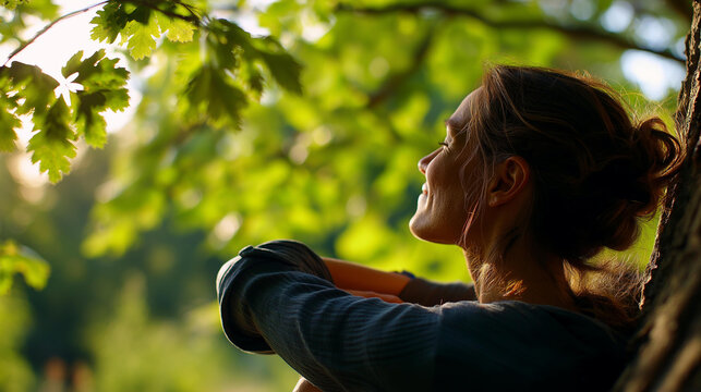 Low angle back view silhouette of a figure resting against a softly defocused bright tree with leaves filtering soft light nature therapy outdoor mindfulness inner rest