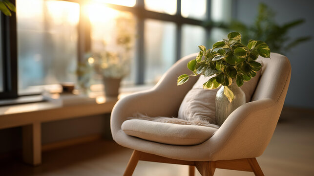 Low angle view of a soft round accent chair in a bright softly defocused sunlit therapy nook with a small plant beside empty therapy chair sunny interior counseling nook