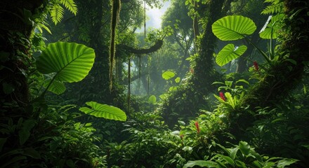 Fototapeta premium Lush rainforest canopy sunlight filtering through tropical foliage