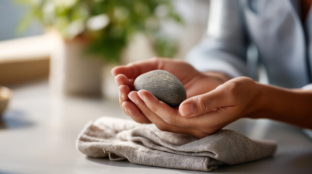 Close up of hands gently holding a rounded smooth stone resting on a soft linen napkin on a bright clean surface grounding technique mindfulness tool anxiety relief calming