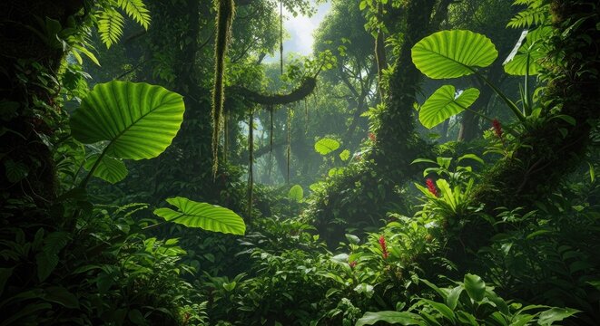 Lush rainforest canopy sunlight filtering through tropical foliage