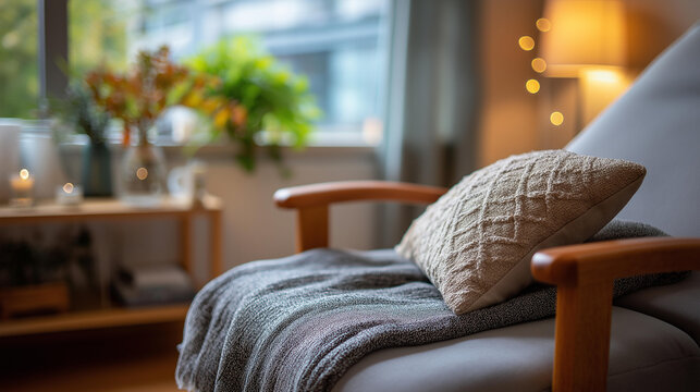Top down view of a therapy couch with a soft blanket and throw pillow in a bright softly defocused therapy room empty therapy couch counseling space relaxed setting psychology