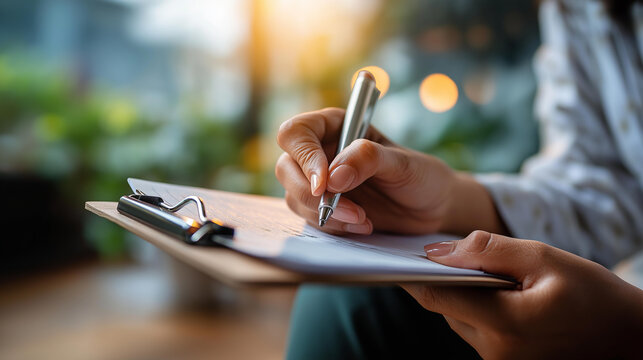 Close up of hands writing in a clipboard notebook with soft natural light from a bright softly defocused window psychology consultation session notes clinical documentation