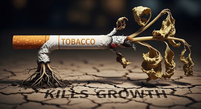 Cigarette breaking plant roots symbolizing tobacco harm to growth and health