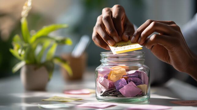 Close up of hands placing a small note with a handwritten affirmation into a glass jar filled with similar notes on a clean bright surface affirmation jar gratitude practice
