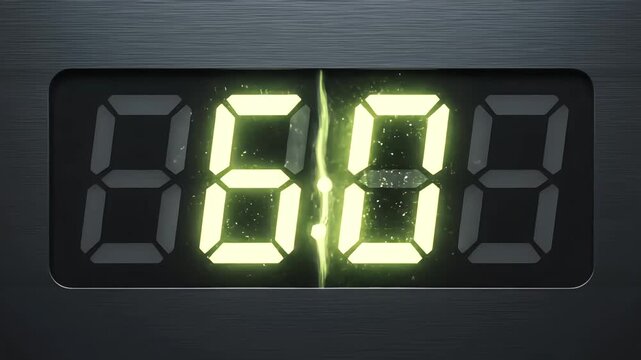 Glowing green digital clock displaying the time 6:08 with a futuristic scanning laser line and floating particles over a brushed metal texture