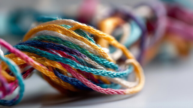 Abstract composition of a tangle of multicolored threads gradually weaving into a calm ordered pattern on a clean bright backdrop mental health metaphor thought organization